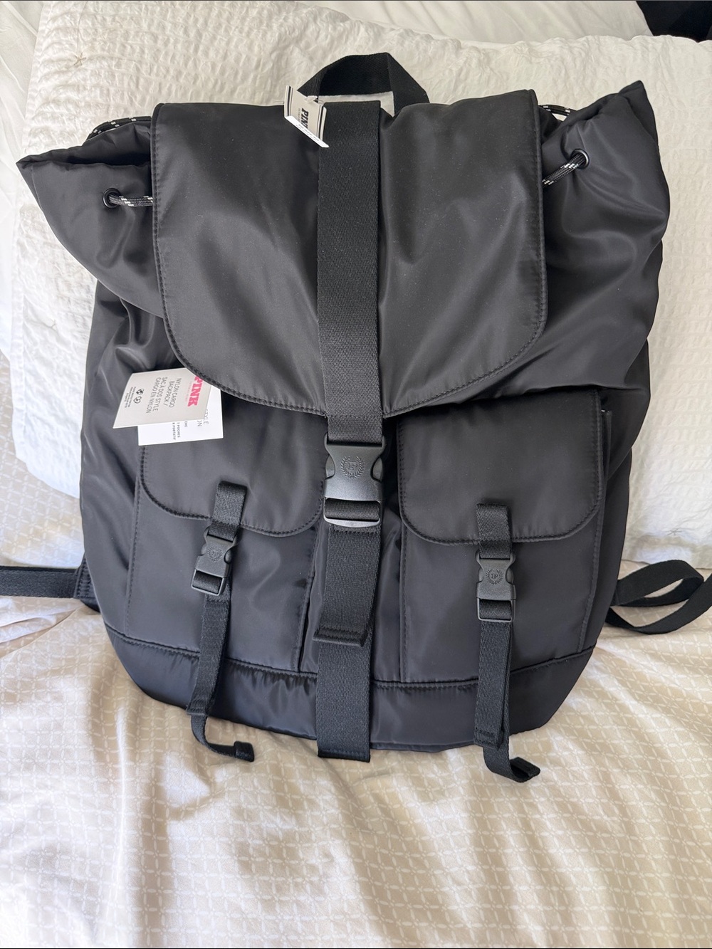Victoria’s Secret pink Black Nylon Roll-Top Backpack nwt